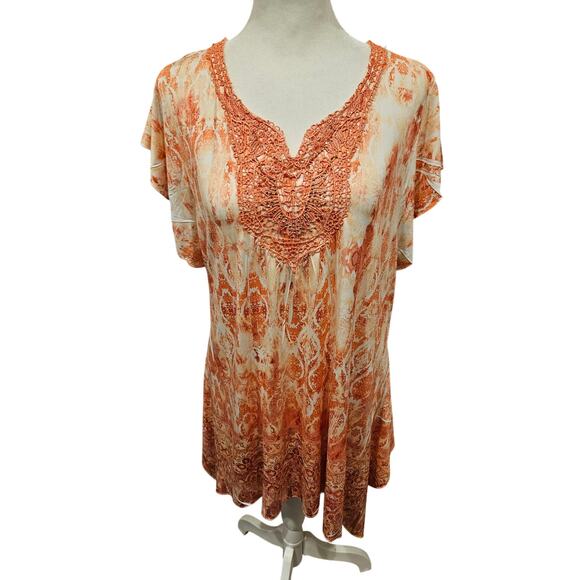 One world orange beaded boho Asymmetrical tunic top large gypsy fairy - Picture 1 of 6